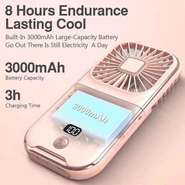 Portable mini fan that can be folded and hung around the neck, 5-speed USB charging fan, supporting phone and display screen,