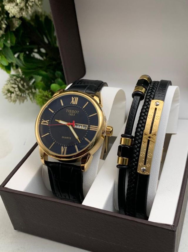 Tissot-Style Mens Gold Watch with Black Leather Strap & Matching Bracelet